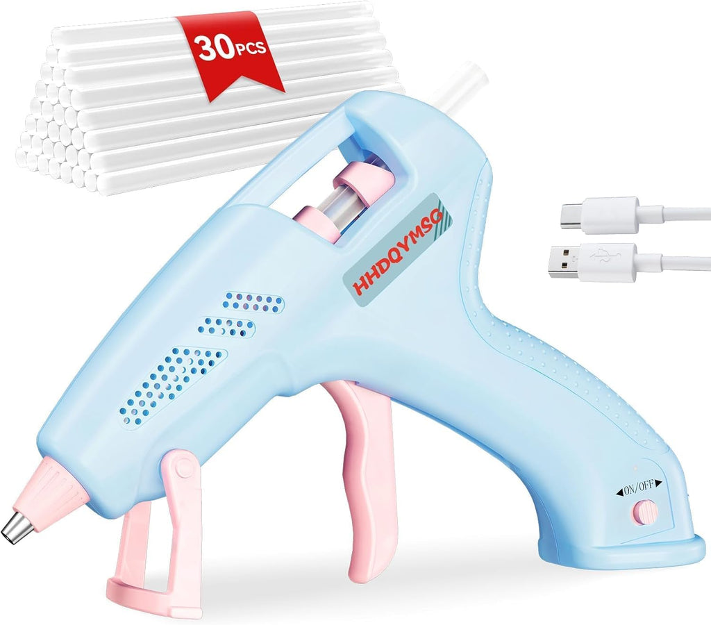 Cordless Hot Glue Gun, 20W Hot Glue Gun with 30PCS Premium Glue Sticks & 1m USB-C Cable, 2000mAh Built-in Battery Suitable for School Craft, Home Repair, DIY (Cordless) (Blue)