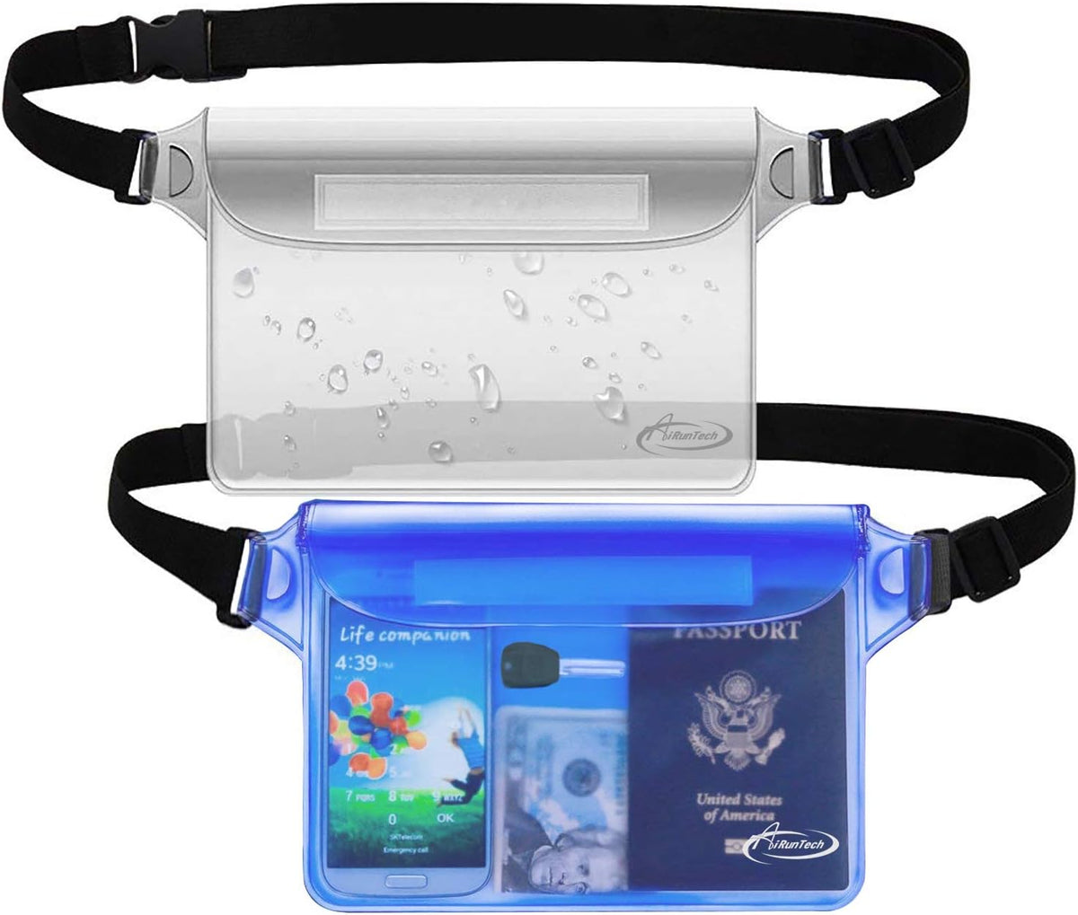 AiRunTech Waterproof Pouch with Waist Strap (2 Pack) | Beach Accessories Best Way to Keep Your Phone and Valuables Safe and Dry | Perfect for Boating Swimming Snorkeling Kayaking Beach Pool Water Park