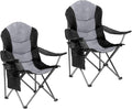 2 Pack Folding Camping Chairs for Adults - High Back Padded Outdoor Lawn Chairs with Lumbar Support & Cup Holder, 400lbs Heavy Duty Portable Camping Chairs Set (Black & Light Gray)