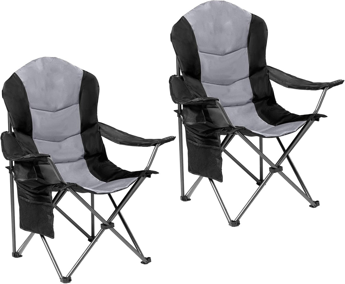 2 Pack Folding Camping Chairs for Adults - High Back Padded Outdoor Lawn Chairs with Lumbar Support & Cup Holder, 400lbs Heavy Duty Portable Camping Chairs Set (Black & Light Gray)