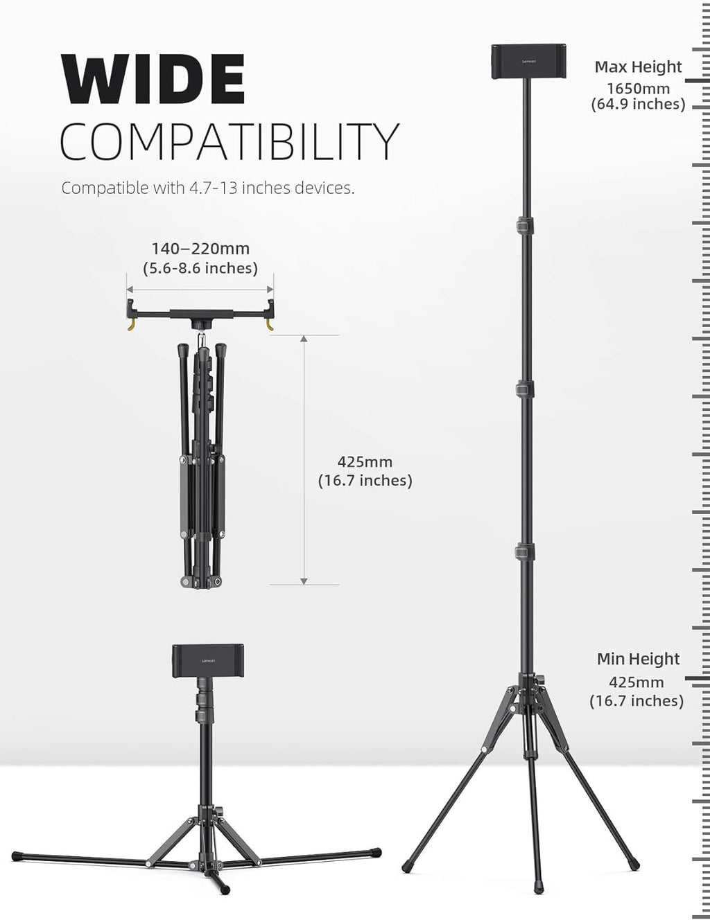 Lamicall Tablet Floor Tripod Stand 64.9" Fast Adjustable Height iPad Holder