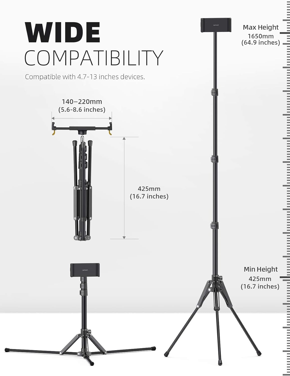 Lamicall Tablet Floor Tripod Stand 64.9" Fast Adjustable Height iPad Holder