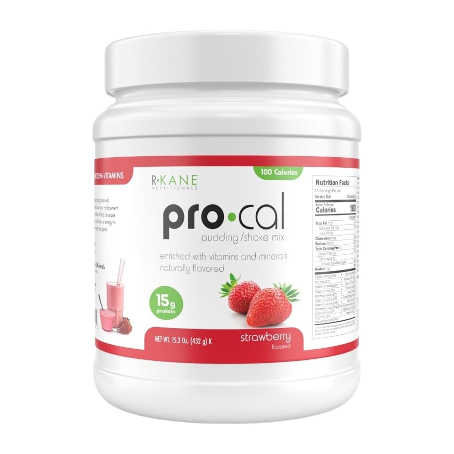 Pro-Cal Strawberry Meal Replacement Powder - High Protein, Low Calorie Shake & Pudding Mix - Low-Carb, Gluten Free - Breakfast Boost - Delicious & Easy to Prepare - 16 Servings, 15.2oz