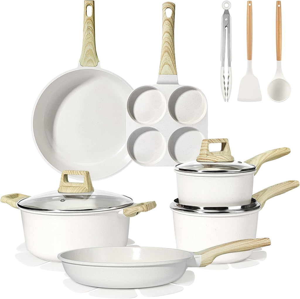 GiPP Ceramic Pots and Pans Set Non Stick - 17 Pcs Nonstick Cookware Set, Non-toxic Healthy Kitchen Cooking Set/Frying Pans Set, Dishwasher Safe, PFAS PTFE PFOA PFOS Free, Cream White