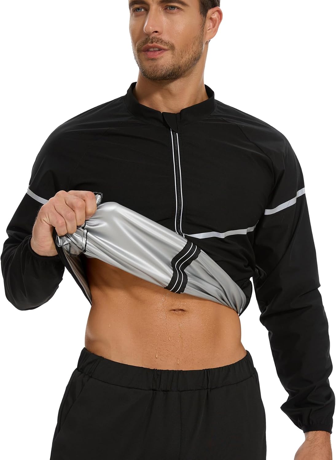 NINGMI Sauna Suit for Men Sweat Jacket Long Sleeve Shirt Zipper Workout Body Shaper Top Slimming Fitness Gym