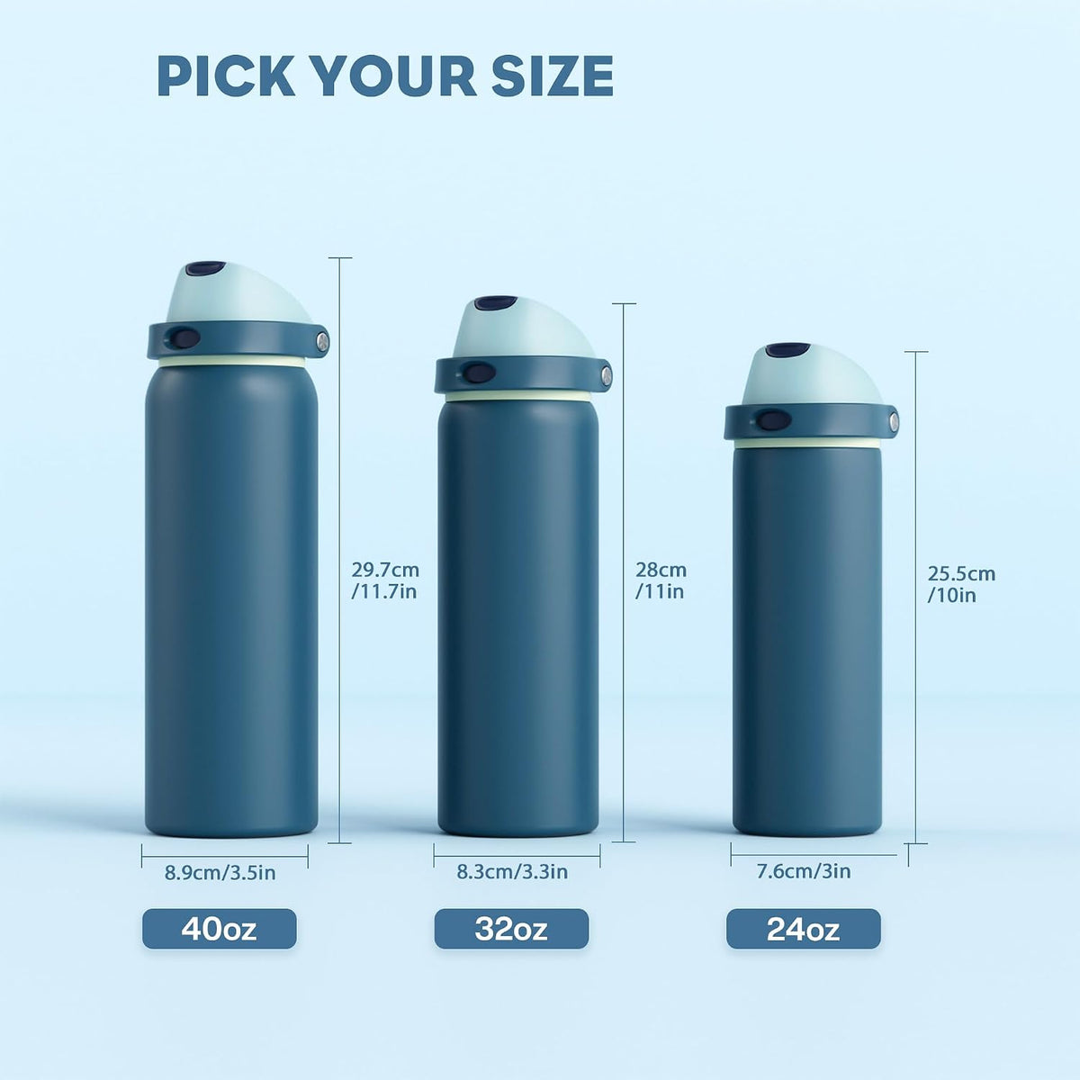 POWCAN 24 oz Insulated Stainless Water Bottle: 2-in-1 Push-Button Spout & Quick-Flip Straw, Leakproof, Cold 24 Hrs, Fits Car Cup Holder, Reusable Metal Bottle for Sports, School Gift (Denim Blue)
