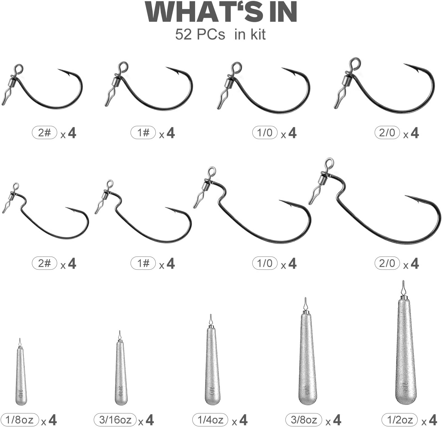 52-Pack Drop Shot Rig Kit - 8 Sizes Swivel Hooks (32 Pcs) & 20 Weights (1/8oz to 1/2oz) - Quick Dropshot Rigging for Bass Fishing