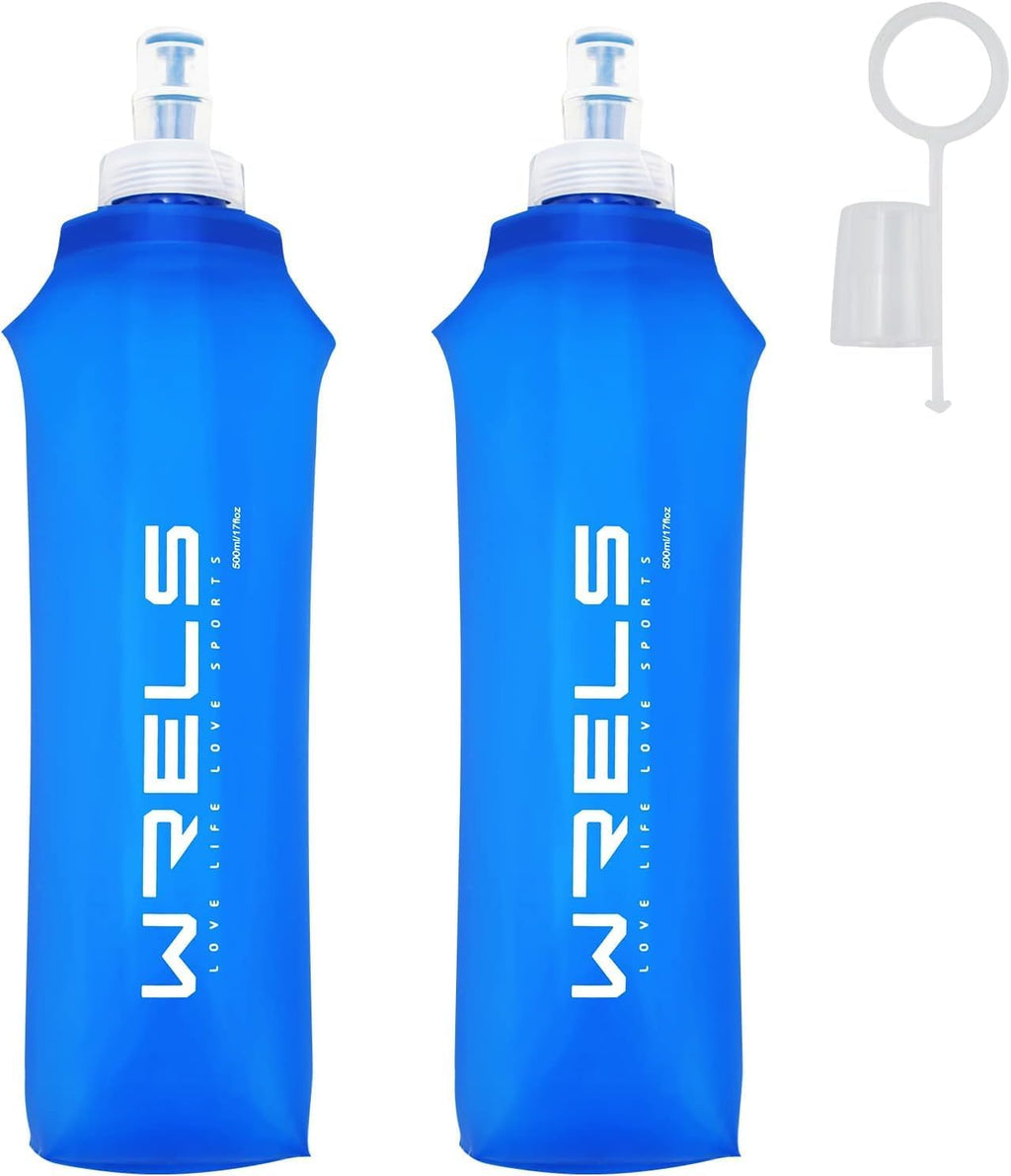 WRELS Soft Running Water Flask Soft Flasks Collapsible Soft Water Bottles Small BPA-Free for Sports Hiking Hydration Pack 5oz/8oz/17oz(BLUE,17oz*2)
