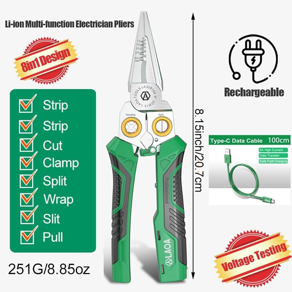 LAOA Wire Stripper Tool with Voltage Tester, 8-in-1 Electrician Pliers with Wire Cutter, Cable Splitter, Wire Puller and Crimper, USB-C Rechargeable Electrical Tool for Electricians and DIY Repairs
