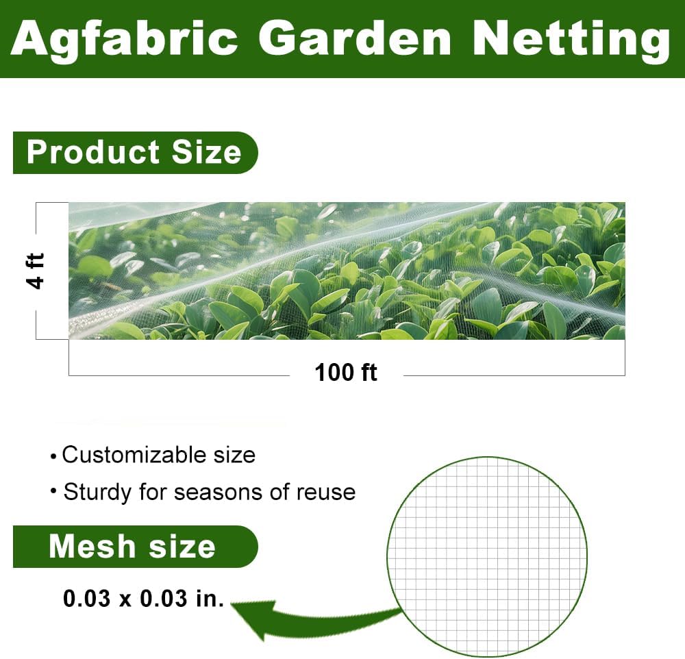 Agfabric Garden Netting 4'x100' Insect Pest Barrier Bird Netting for Garden Protection,Row Cover Mesh Netting for Vegetables Fruit Trees and Plants,White