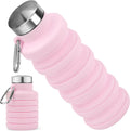 Collapsible Water Bottle, 16oz Portable Reusable Silicone Water Bottle with Carabiner for Gym, Travel, Camping, Hiking, Sports, Lightweight, BPA-Free, Leak-Proof, Foldable Design, Light Pink