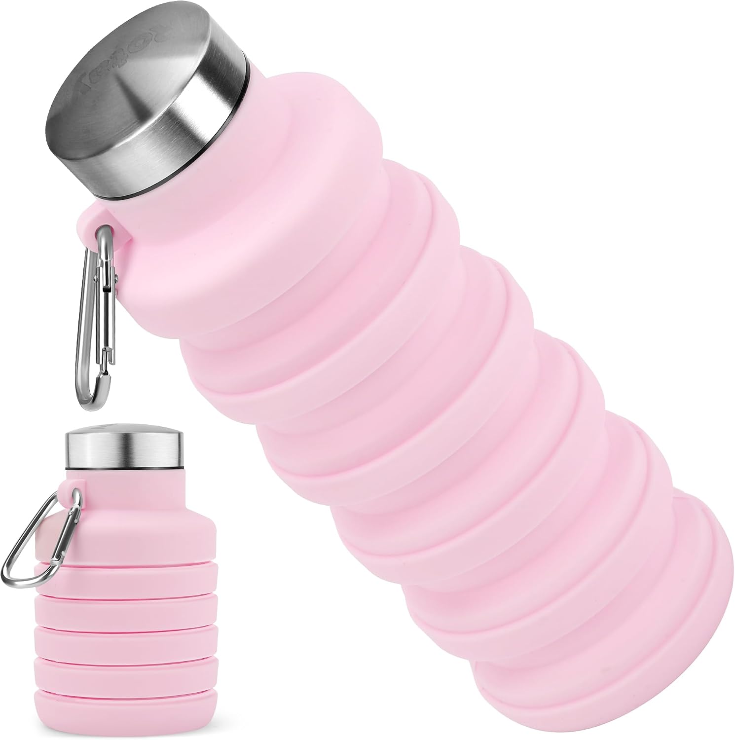 Collapsible Water Bottle, 16oz Portable Reusable Silicone Water Bottle with Carabiner for Gym, Travel, Camping, Hiking, Sports, Lightweight, BPA-Free, Leak-Proof, Foldable Design, Light Pink