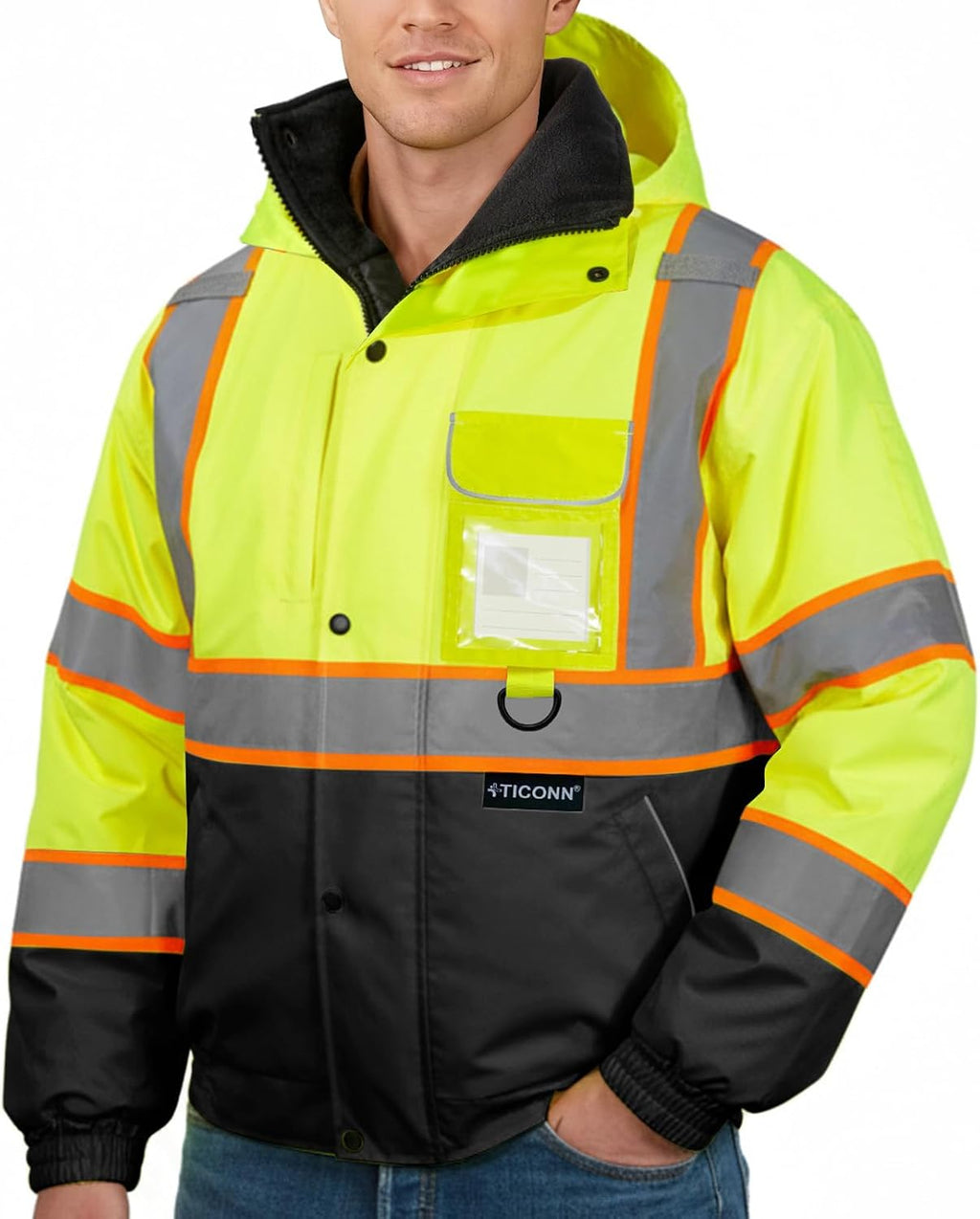 TICONN Hi Vis Safety Bomber Jacket, Fleece-Lined Waterproof ANSI Class 3