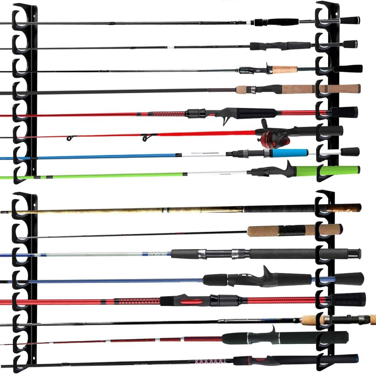 Fishing Rod Rack Pole Wall or Ceiling Storage Holder Hook Keeper Display Hanger Organizer Mount for Garage, Cabin Storeroom Porch and Basement Poles Holds 12 Rods Heavy Duty Metal safe