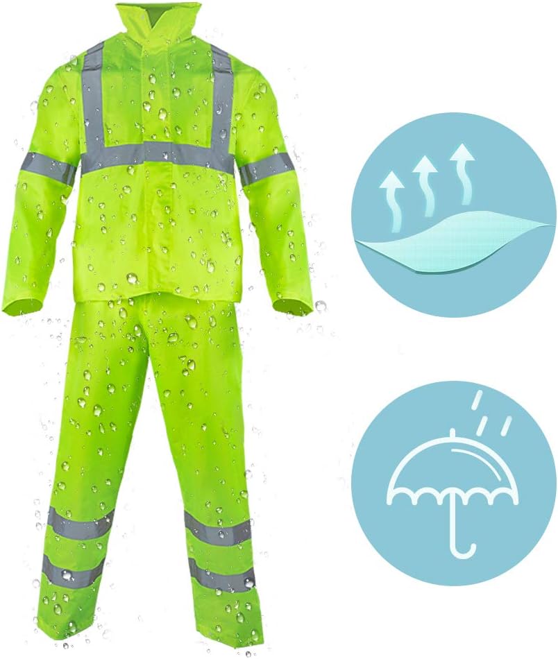 FONIRRA Class 3 High Visibility Rain Suit With Collapsible Hood Lime Reflective Safety Waterproof Worker Jacket & Pants (L/XL Yellow)