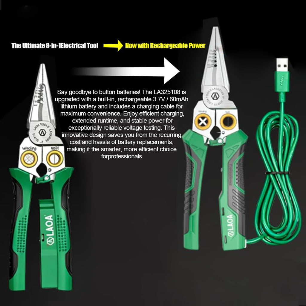LAOA Wire Stripper Tool with Voltage Tester, 8-in-1 Electrician Pliers with Wire Cutter, Cable Splitter, Wire Puller and Crimper, USB-C Rechargeable Electrical Tool for Electricians and DIY Repairs