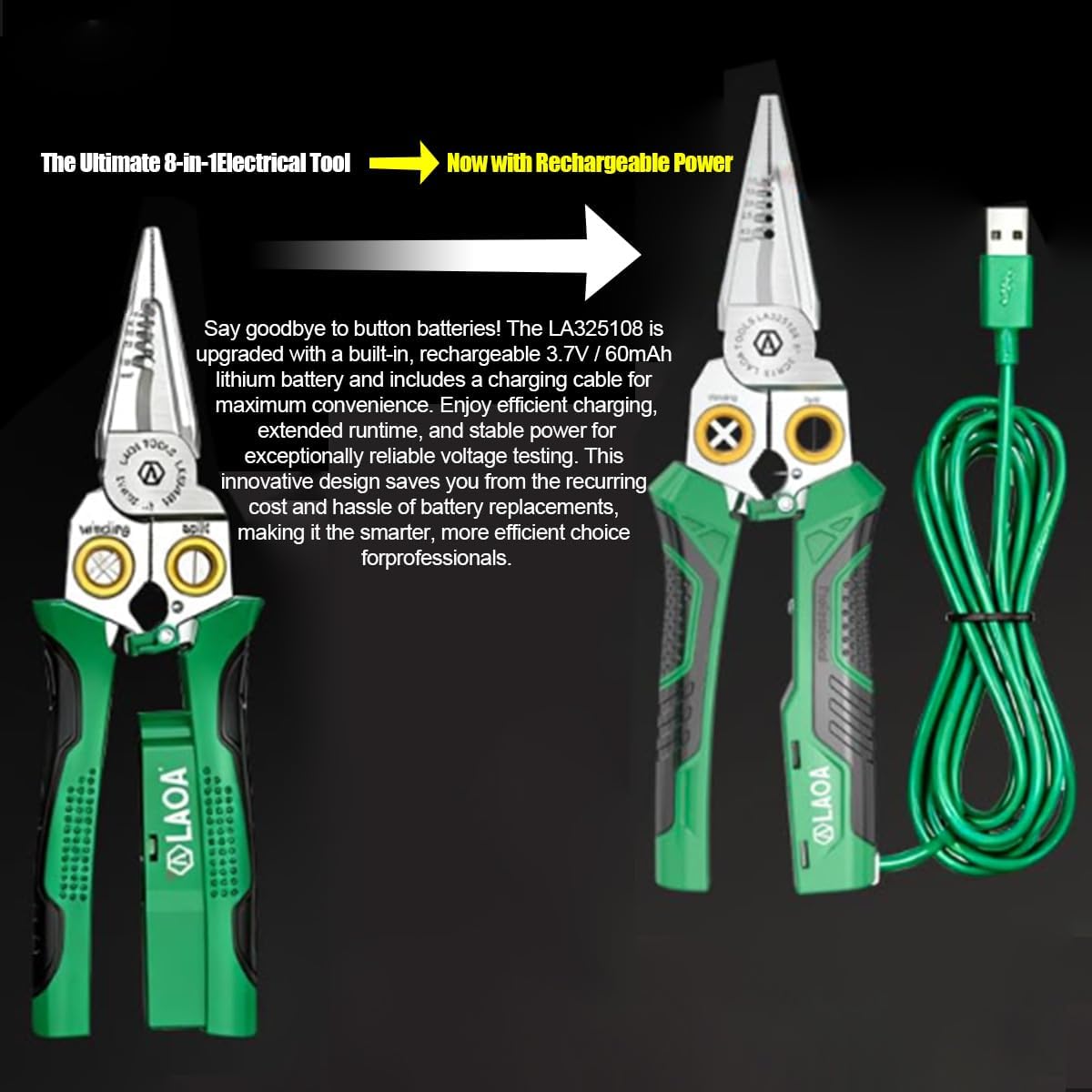 LAOA Wire Stripper Tool with Voltage Tester, 8-in-1 Electrician Pliers with Wire Cutter, Cable Splitter, Wire Puller and Crimper, USB-C Rechargeable Electrical Tool for Electricians and DIY Repairs