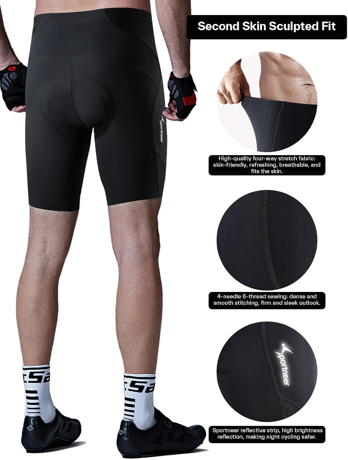 Sportneer Padded Bike Shorts for Men 4D Padding Mens Bicycle Cycling Biking Shorts UPF 50+ Breathable