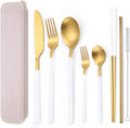 AARainbow 8 Pieces Stainless Steel Flatware Set Portable Reusable Cutlery Set Travel Utensils Set Including Chopsticks Knife Fork Spoon Straws Cleaning Brush Dishwasher Safe (B-White Golden)