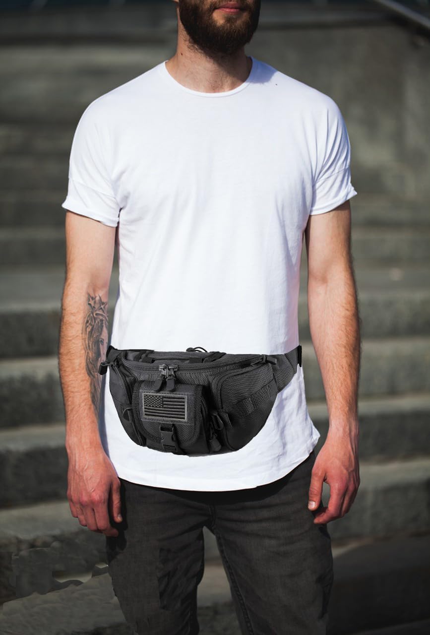 SOWHUP Tactical Fanny Pack,Military Waist Bag Pack with U.S Patch Utility Hip Belt Bumbag for Outdoor Fishing Hiking (Black(5 Zipper Pockets))