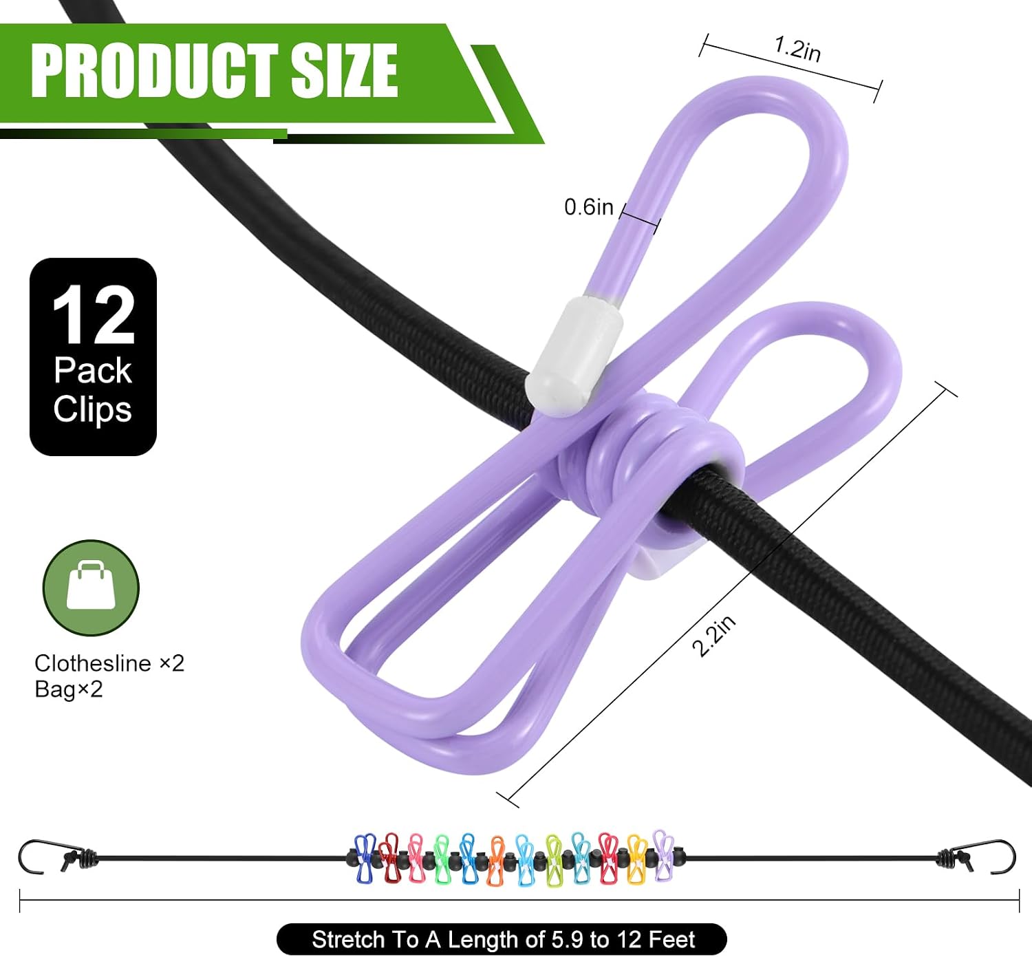 2 Pack Camping Clothesline Portable 12 Clothespins, Colorful