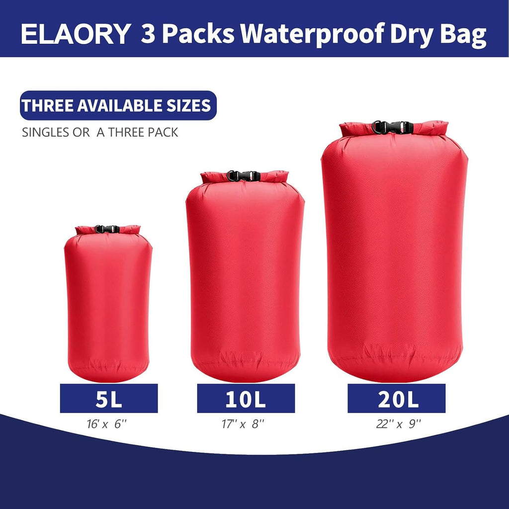 Waterproof Dry Bags 3 Pack (5L, 10L, 20L) - Lightweight Waterproof Storage Bags for Travel, Boating, Fishing, Rafting, Swimming, Camping & Outdoor Activities - Durable & Compact Design, Red