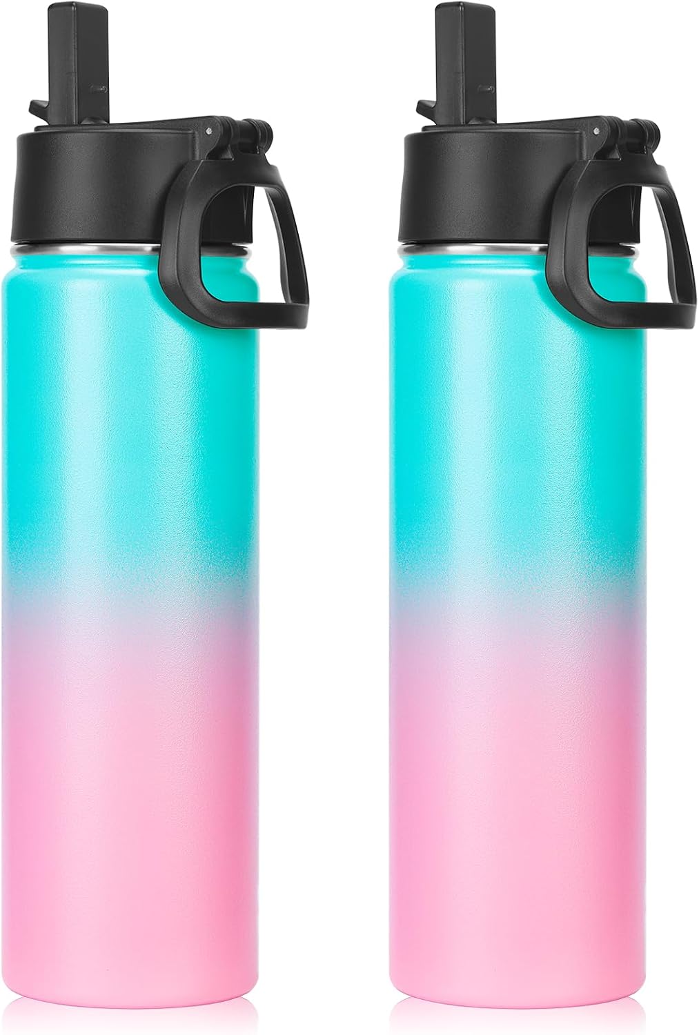 Neihepal 22 oz Insulated Water Bottles with Leak Proof Straw Lid, Wide Mouth Double Walled Vacuum Stainless Steel Metal Water Bottle (Green Pink,2 Pack)