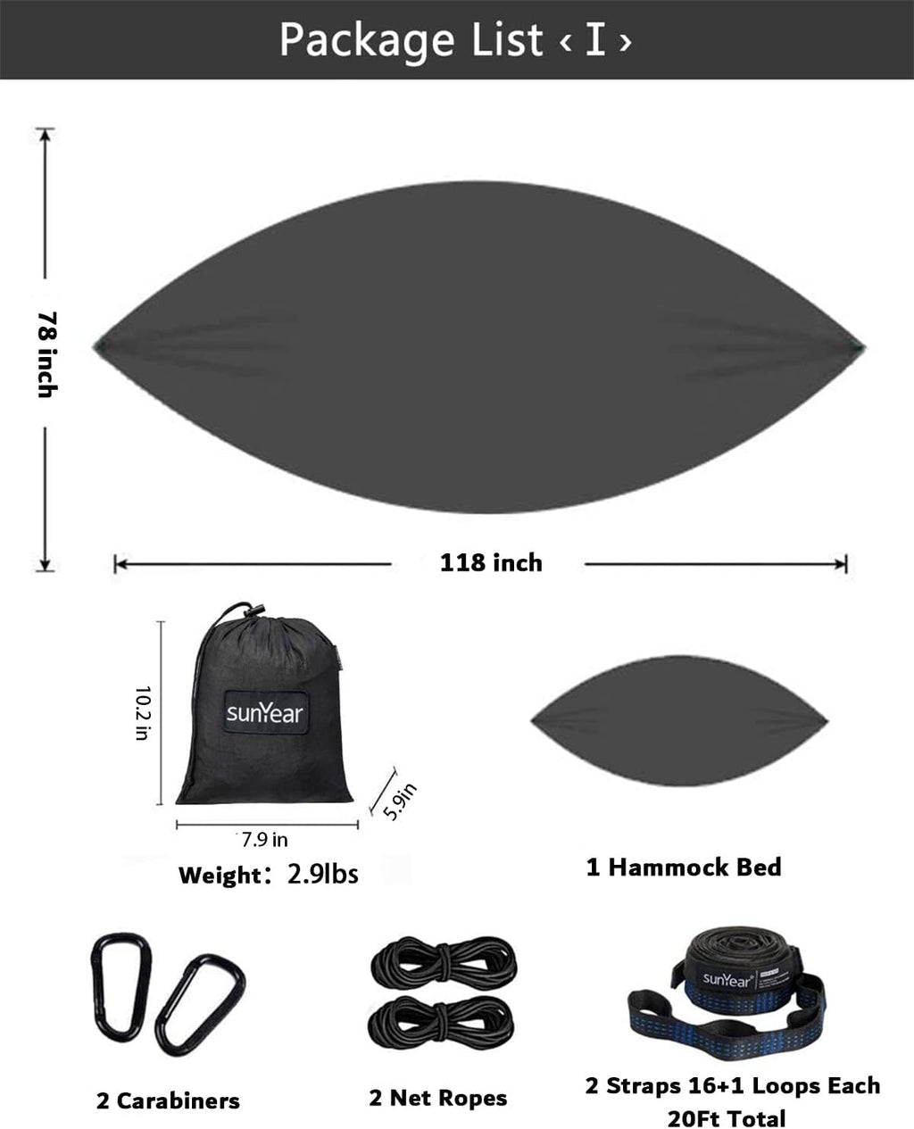Sunyear Hammock Camping with Rain Fly Tarp and Net, Portable Camping Hammock Double Tree Hammock Outdoor Indoor Backpacking Travel & Survival, 2 Tree Straps,100% Waterproof Black/Grey Bundle