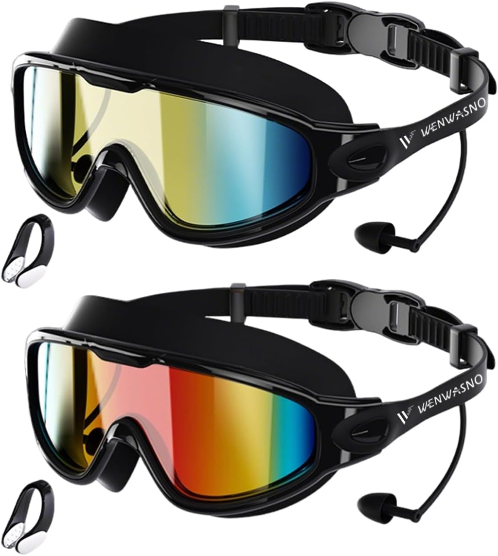 Adult Swim Goggles, 2 Pack Anti-Fog Waterproof HD UV Protection Large Rim Swimming Goggles