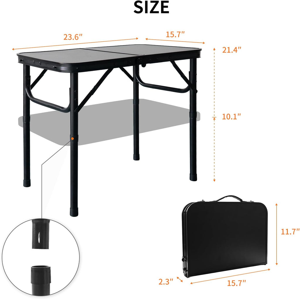 Folding Camping Table, Black Aluminum Frame,2-Position Adjustable Height,Lightweight Carry Handle, Portable for Travel, Camping Outdoor Use, 2 Ft x 1.5 Ft(Small), Black
