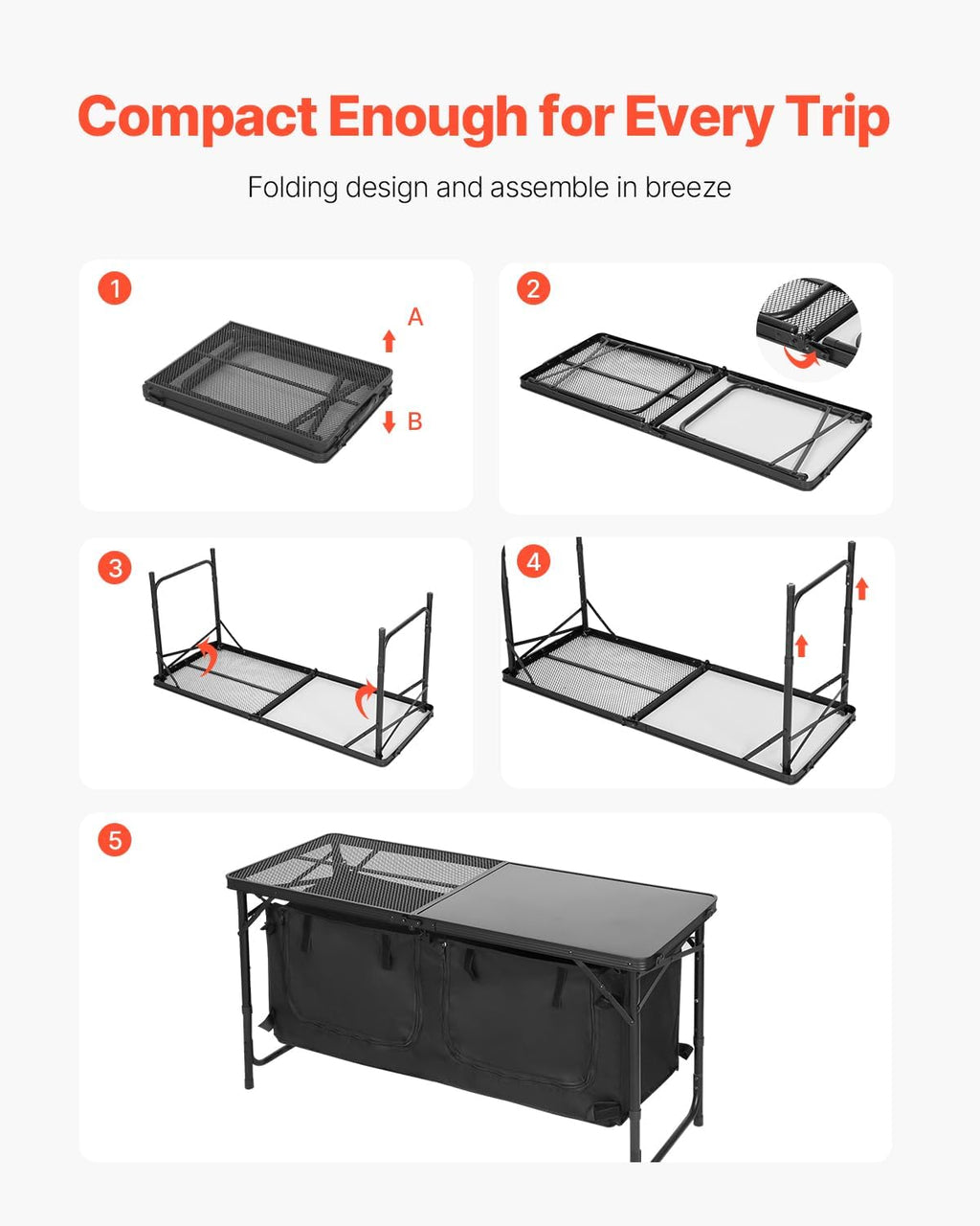 VEVOR Camping Kitchen Table, Folding Outdoor Cooking Table, 3 Adjustable Heights, Aluminum Lightweight Portable Cook Station with Storage Organizer, Carry Handle, for BBQ Party Picnic RV Travel, Black