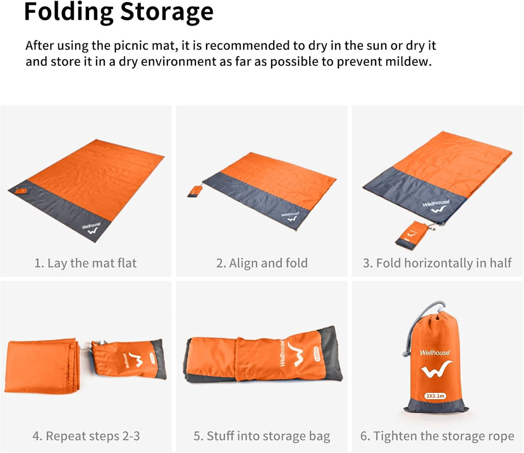 wellhouse Sandproof Beach Blanket,Camping Mat Waterproof Picnic Blankets with Floating Waterproof Phone Pouch Washable Rug for Travel Hiking Music Grass BBQ (Orange)
