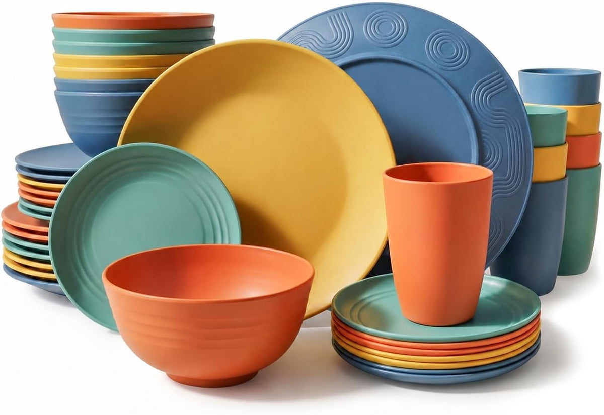 40-Piece Unbreakable Plastic Wheat Straw Dinnerware Set - Multi Color, 8-Person Dish Set for Dinner, Plates, Bowls, Cups & Appetizer Plates - Perfect for Outdoor Camping