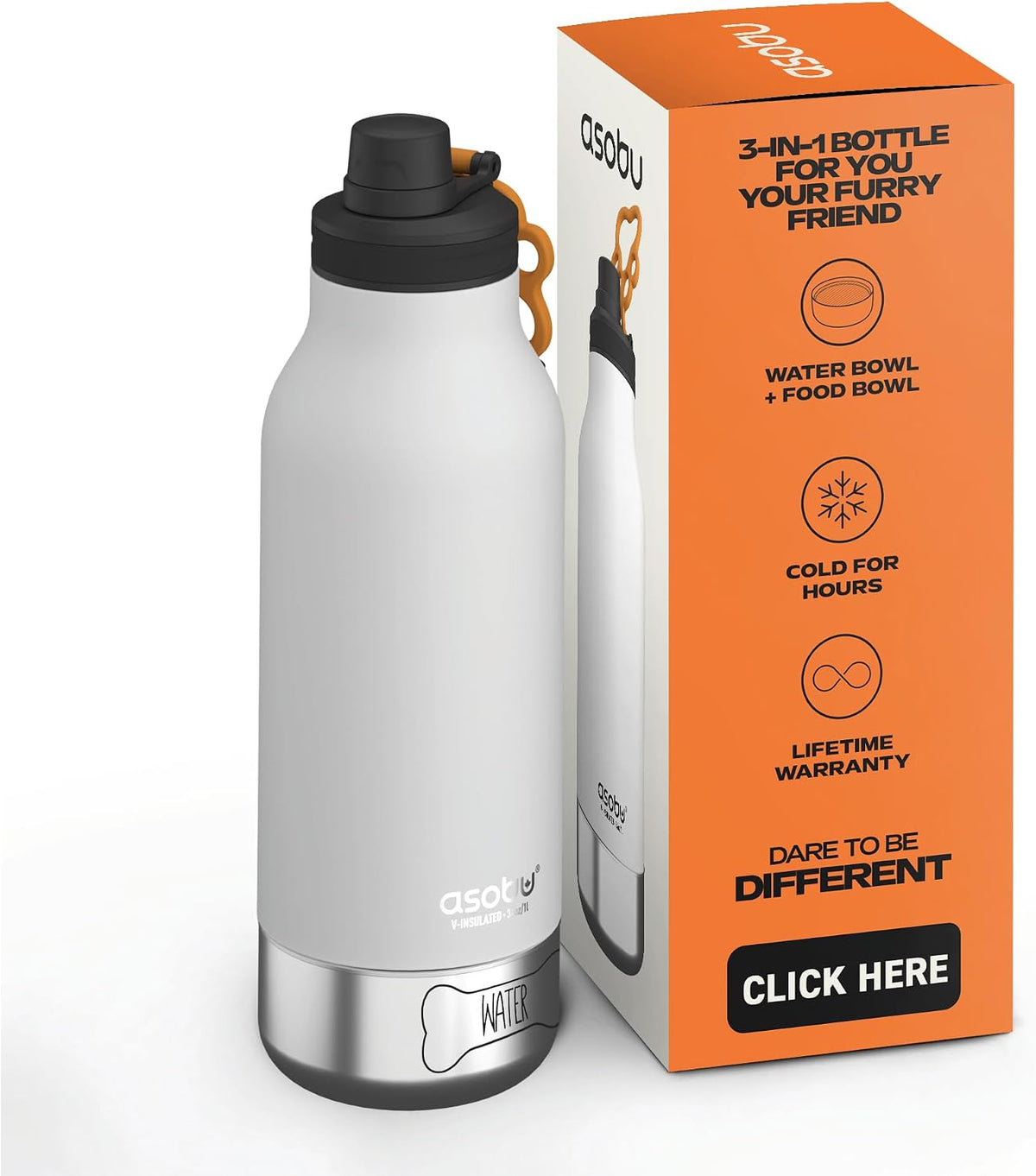 asobu Barky Bottle a Stainless Steel Insulated Water Bottle for with Removable Dog Water Bowl and Dog Food and Treat Storage Bowl (White, 34 oz Water Bottle | 2 Bowls)