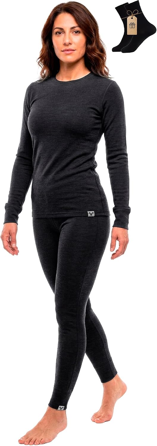 100% Merino Wool Base Layer Set Women - Thermal Underwear Long Johns PJs