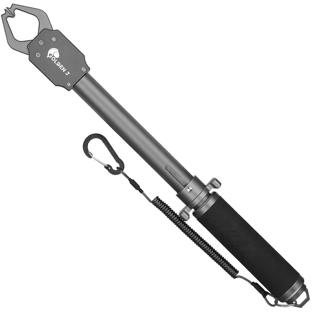 GOLDEN J 16" Fish Lip Gripper - Heavy-Duty & Saltwater Proof, Aircraft-Grade Aluminum Alloy, 60LB Capacity, Non-Slip 360° TPR Swivel Handle & Anti-Escape Push Rod, for Surf, Ice, Fresh/Saltwater