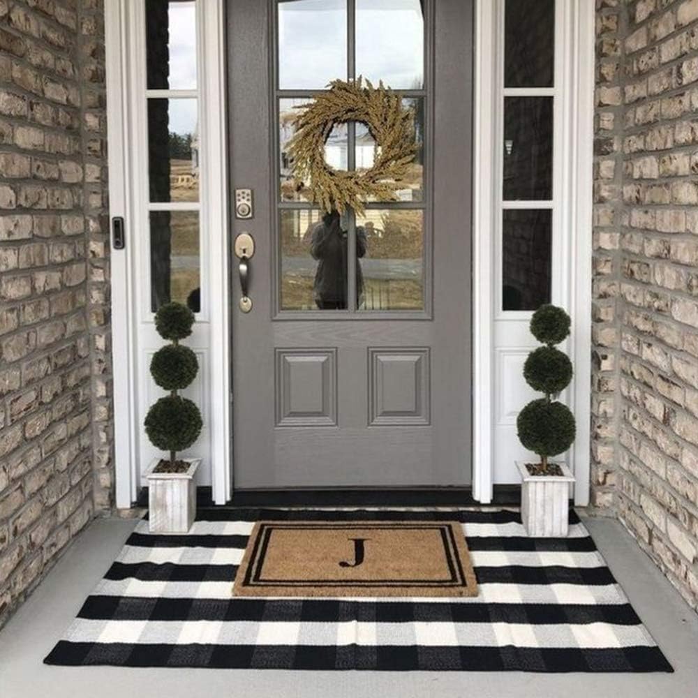 Buffalo Plaid Outdoor Rug 35.4'' x 59'' Black and White Front Door Mat Front Porch Rug Layered Welcome Door Mat for Front Porch Decor, Front Door, Farmhouse Decor,Entryway