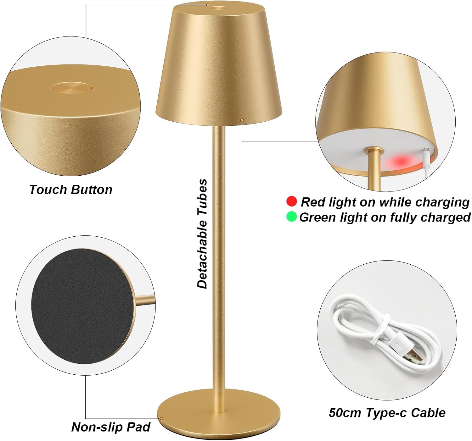 Kakanuo Cordless Table Lamp Rechargeable Gold - 4 Pack Battery Operated Lamp for Dining Table, 3 Color Stepless Dimming Wireless Lamp for Counter, Outdoor Patio, Touch Control