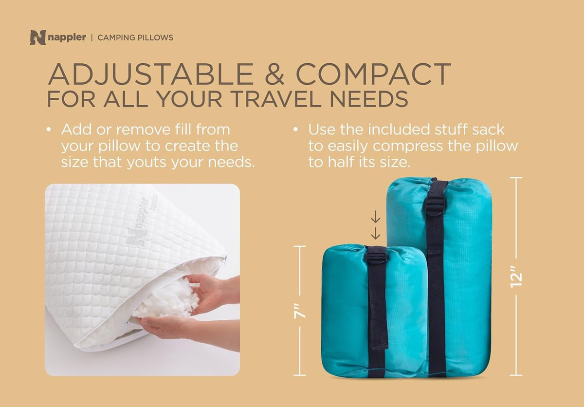 Nappler Rust Small Shredded Memory Foam Pillow for Travel and Camping - Compressible Medium Firm Bed Pillow, Breathable Cover, Machine Washable, Backpacking, Airplane and Car