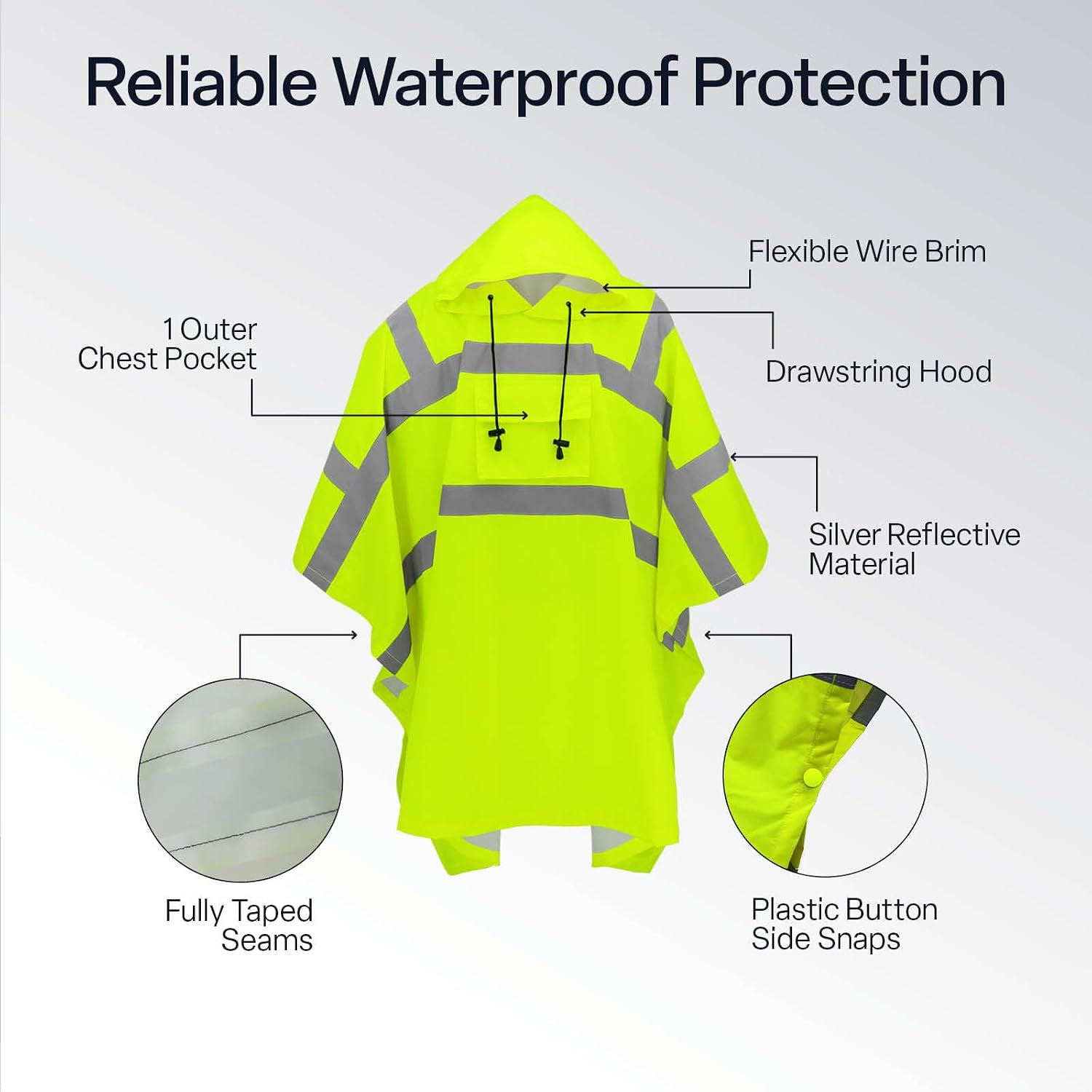 GGS Rain Poncho - High Visibility, Reflective, Wind and Waterproof with Drawstring Hood, Rain Gear for Construction, Camping, Fishing, Hiking, One Size