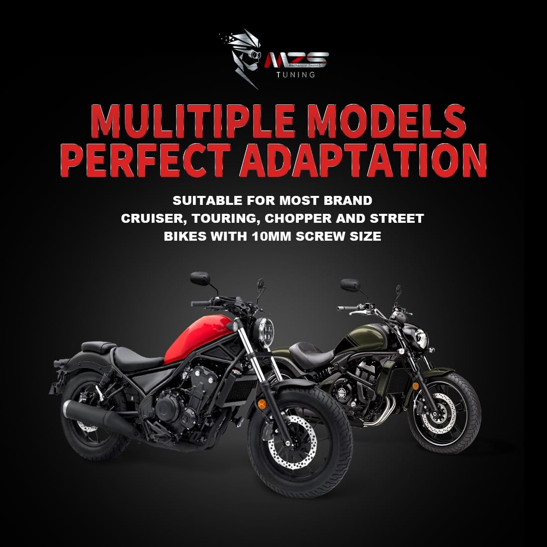 MZS Black Motorcycle Mirrors 10MM, Heavy Duty Aluminum Universal Motorbike Rear View Side Mirror Adjustable Compatible with Street Naked Bike Touring Cruiser Chopper