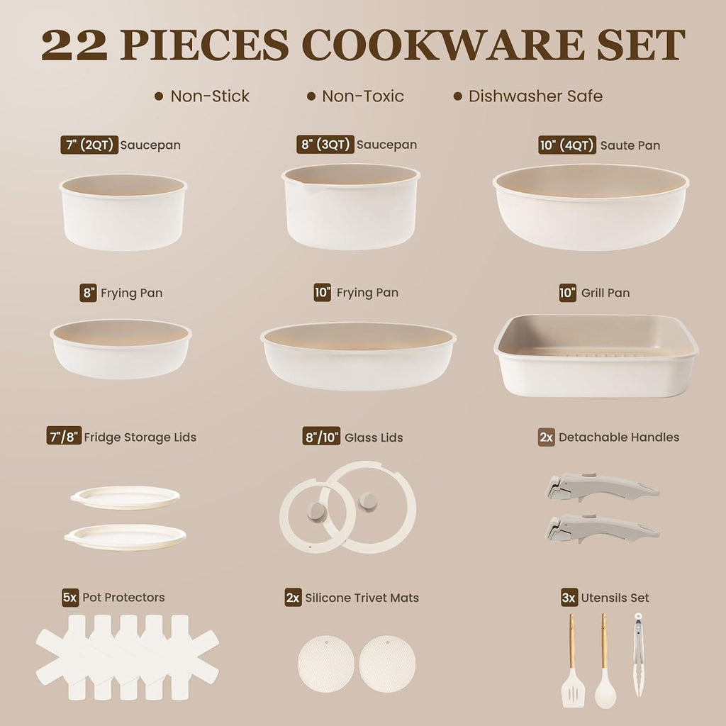 KIKCOIN Nonstick Pots and Pans Set - 22 Pack Cookware Set with Detachable/Removable Handle - Kitchen Cooking Set with Frying Pans, Grill Pan - Stackable, Dishwasher/Oven Safe, Induction Ready