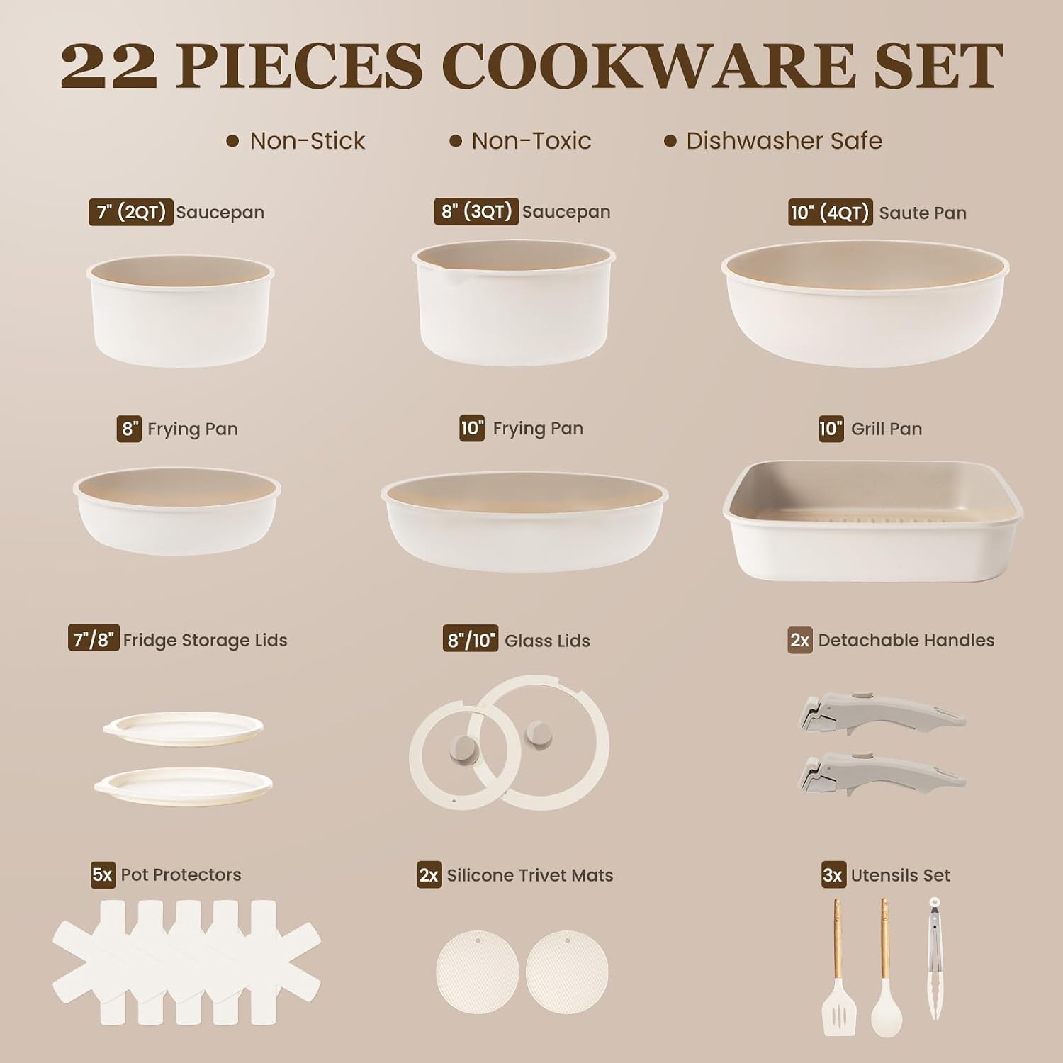 KIKCOIN Nonstick Pots and Pans Set - 22 Pack Cookware Set with Detachable/Removable Handle - Kitchen Cooking Set with Frying Pans, Grill Pan - Stackable, Dishwasher/Oven Safe, Induction Ready