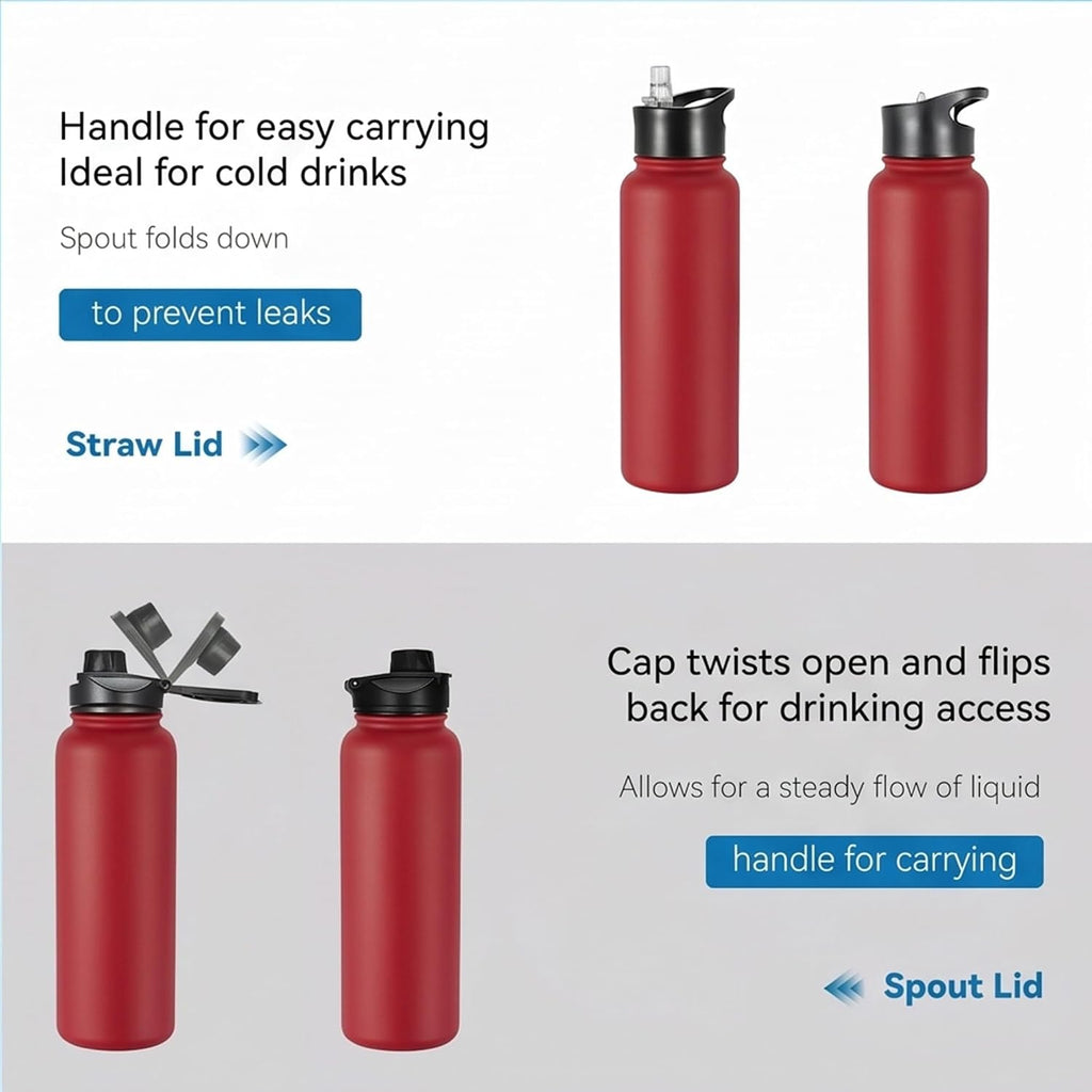VEGOND 40 oz Insulated Water Bottle Stainless Steel Metal Water Bottles with Leak Proof Straw Lid & Spout Lid, Wide Mouth Double Walled Vacuum Travel Sports Bottle, Red