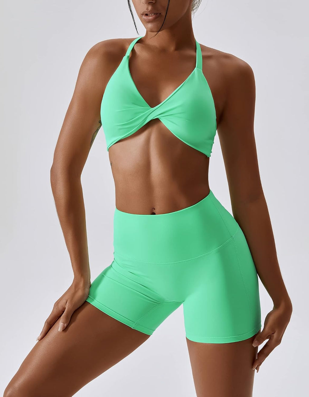 ABOCIW Workout Sets for Women 2 Piece Twist Front Halter Sports Bras High Waist Biker Shorts Exercise Gym Yoga Outfit