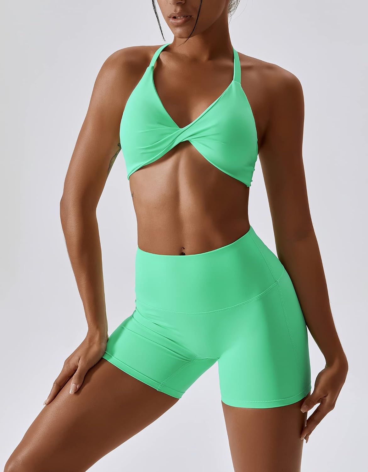 ABOCIW Workout Sets for Women 2 Piece Twist Front Halter Sports Bras High Waist Biker Shorts Exercise Gym Yoga Outfit