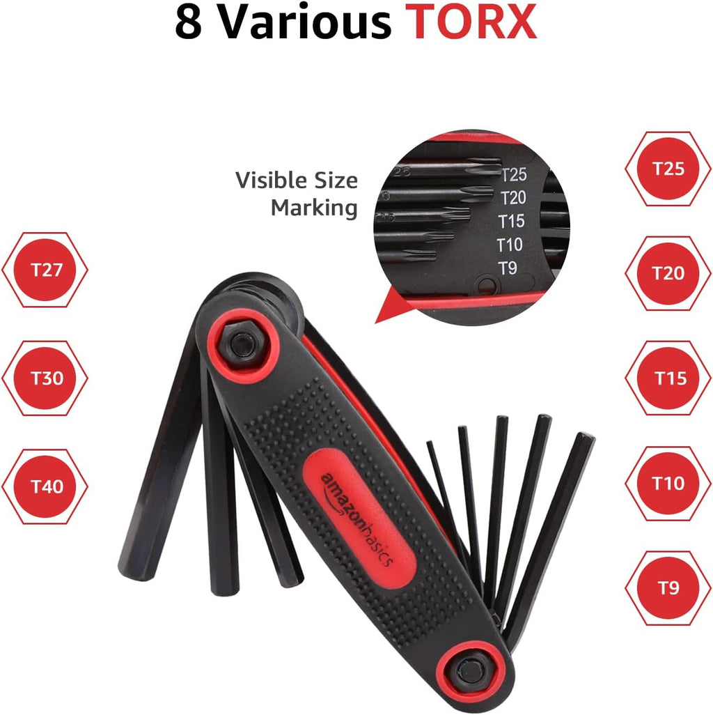 Amazon Basics Folding Hex Key Set, Metric, SAE, and Star Sizes, Chrome Vanadium Steel, 3-Pack