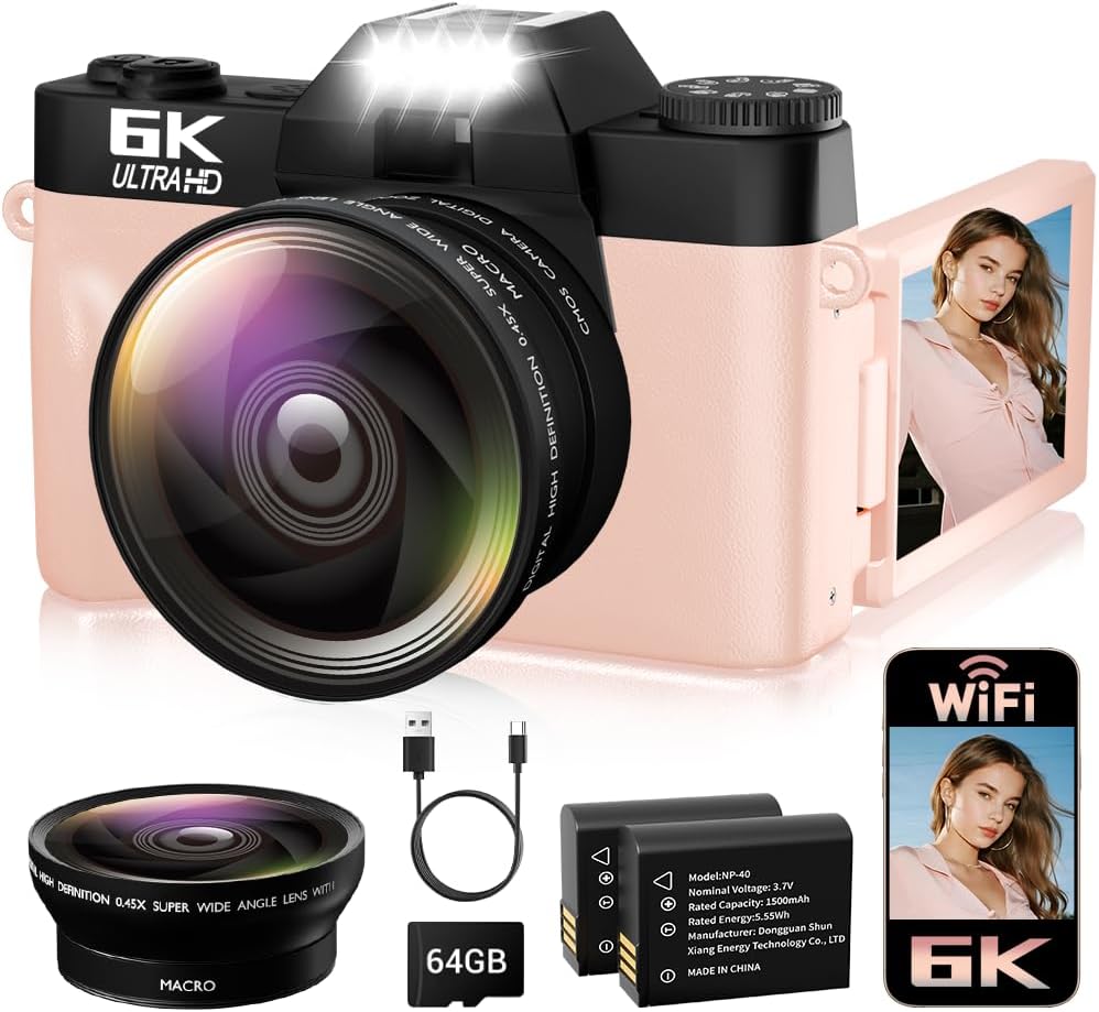 6K Digital Camera for Photography Autofocus, 64MP WiFi Vlogging Camera for YouTube with 3" 180° Flip Screen 16X Zoom, 64GB SD Card & 2 Batteries Pink Compact Travel Camera for Beginners Teens