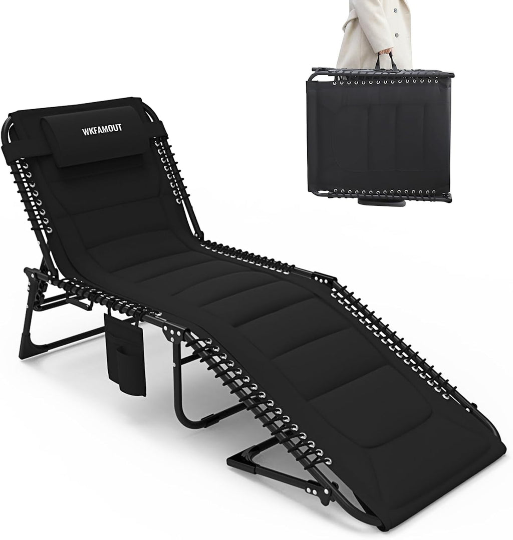 Outdoor Folding Lounge Chair Padded for Adults 264Ibs Patio Chaise Lounge Chair for Outside Adjustable 5-Position Reclining Beach Chair with Pillow Pocket
