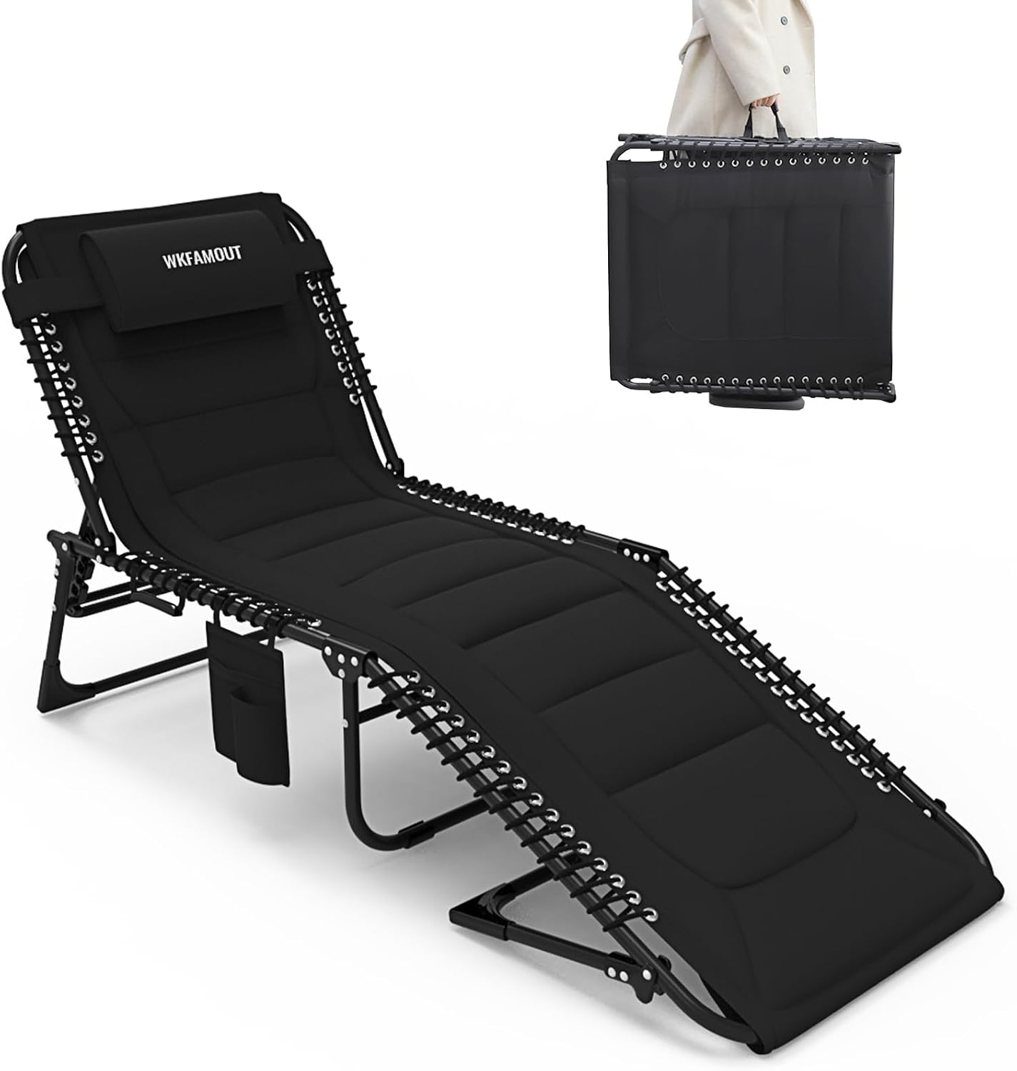 Oversized Padded Outdoor Folding Lounge Chair for Adults 330Ibs Patio Chaise Lounge Chair for Outside Adjustable 5-Position Reclining Beach Chair with Pillow Pocket